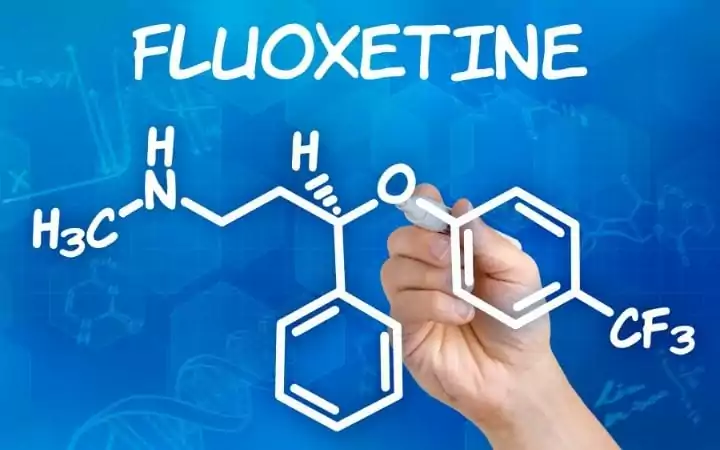 Chemical formula for Fluoxetine written in white on a blue background
