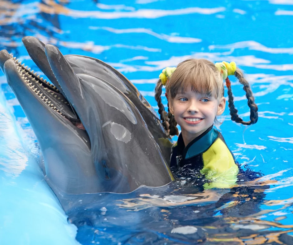 little girl riding a dolphin