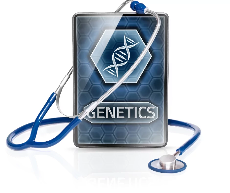 tablet with genetics and blue stethoscope