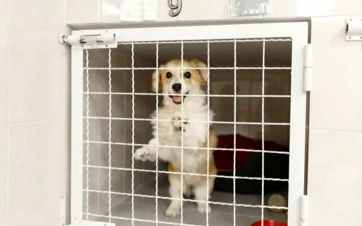 puppy in a cage at a pet shelter
