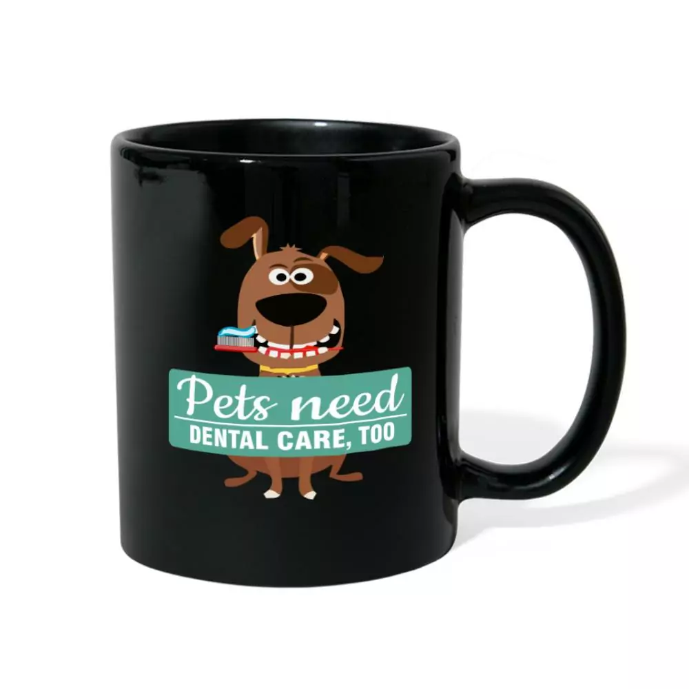 black mug with a picture of a dog and the text pets need dental care too from the I Love Veterinary store
