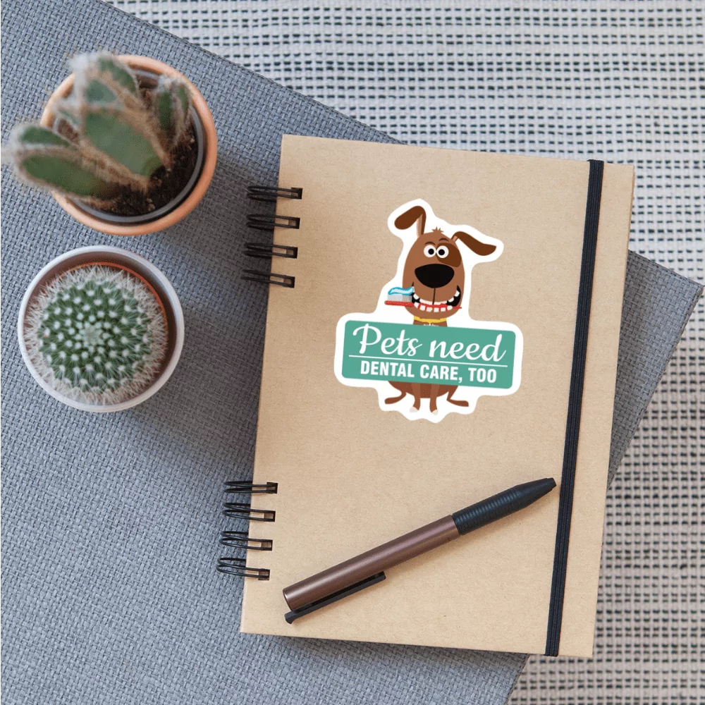 pet needs dental care too sticker on brown note book