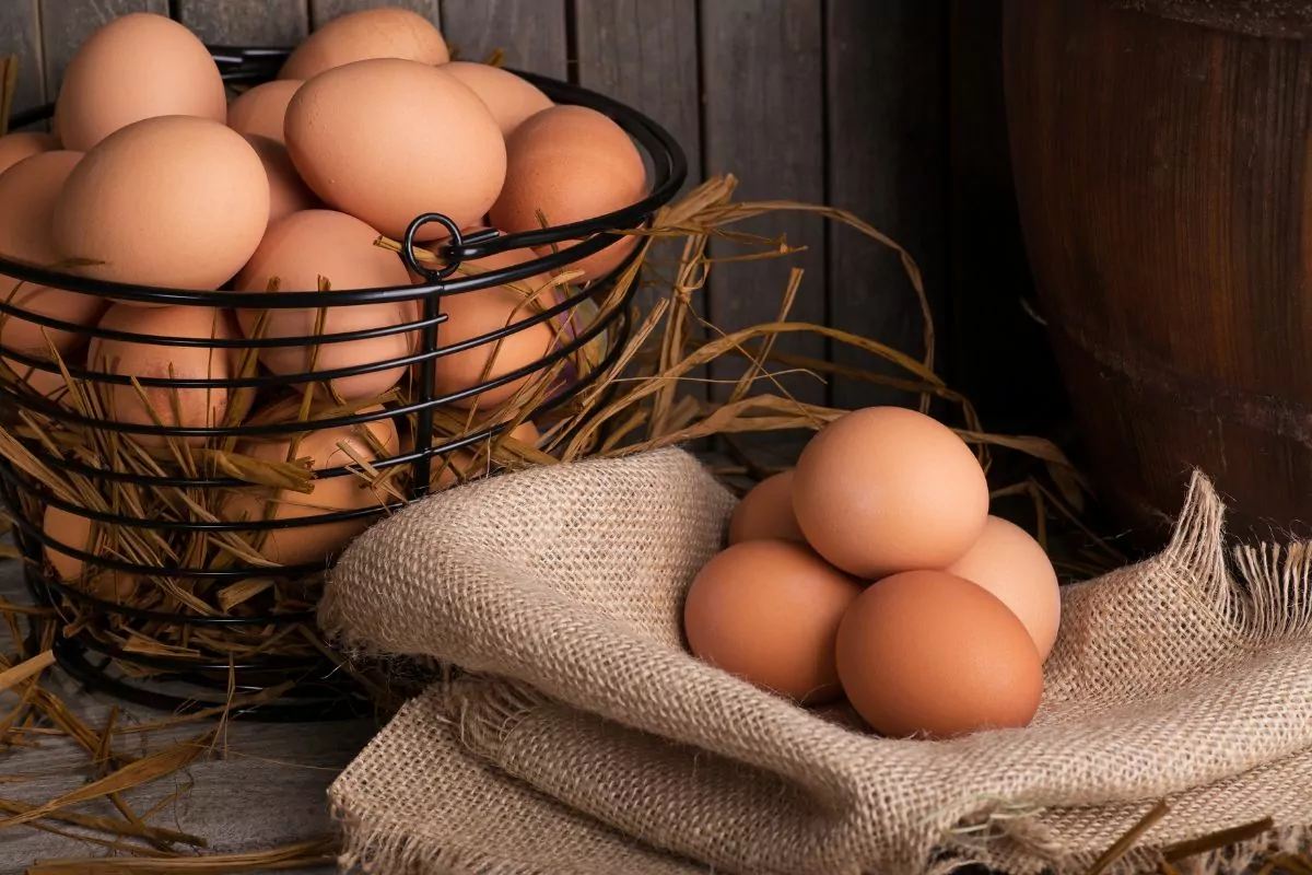Eggs in a basket and some eggs on raffia